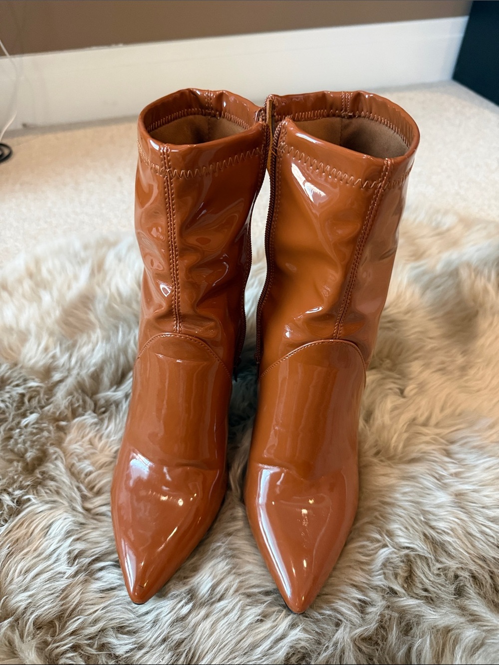Patent Pointed-Toe Mid-Calf Boots in Cognac